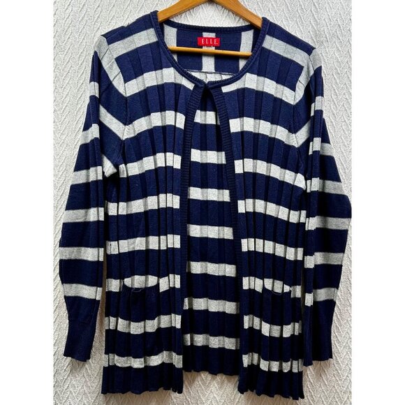 Striped Navy & Gray Open Front Cardigan Sweater Pleated Front & Back LARGE - Picture 5 of 12